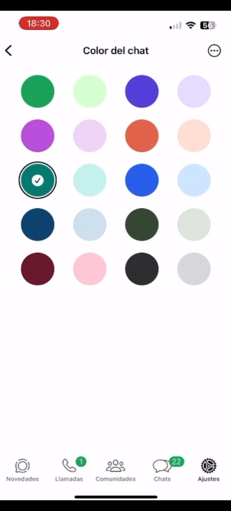 Algunos de los colores disponibles para el chat
