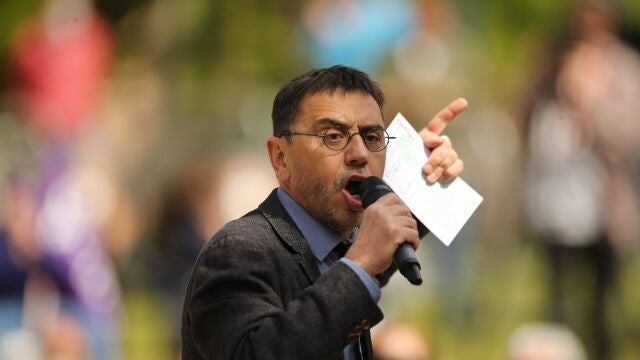 El politólogo y cofundador de Podemos Juan Carlos Monedero, durante un acto electoral de Unidas Podemos.