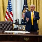  US President Donald Trump speaks with reporters in the Oval Office at the White House in Washington, DC, USA, 21 February 2025. 