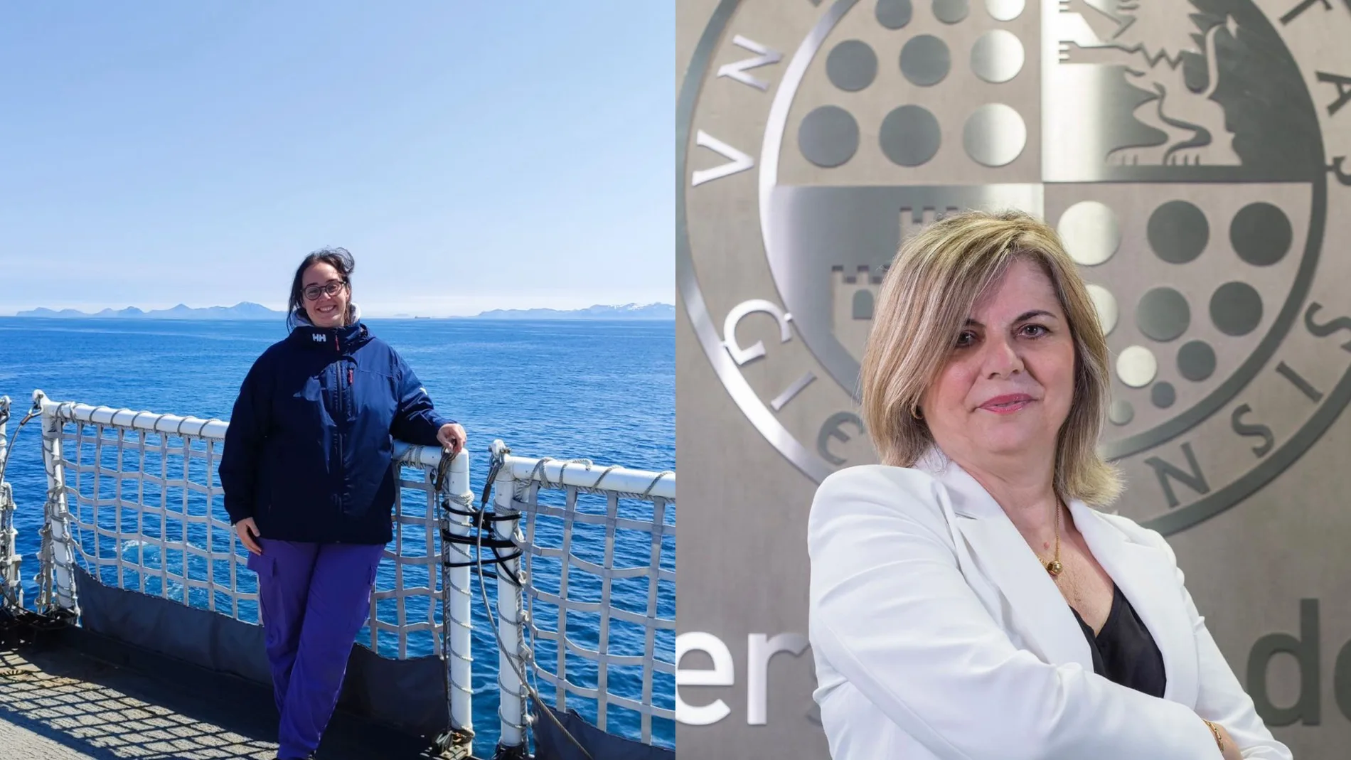 A la derecha, Elena Ceballos, doctora en Ciencias y Tecnologías Físicas por la US, durante una expedición oceanográfica. Victoria López, catedrática de Química Inorgánica y Vicerrectora en la UJA
