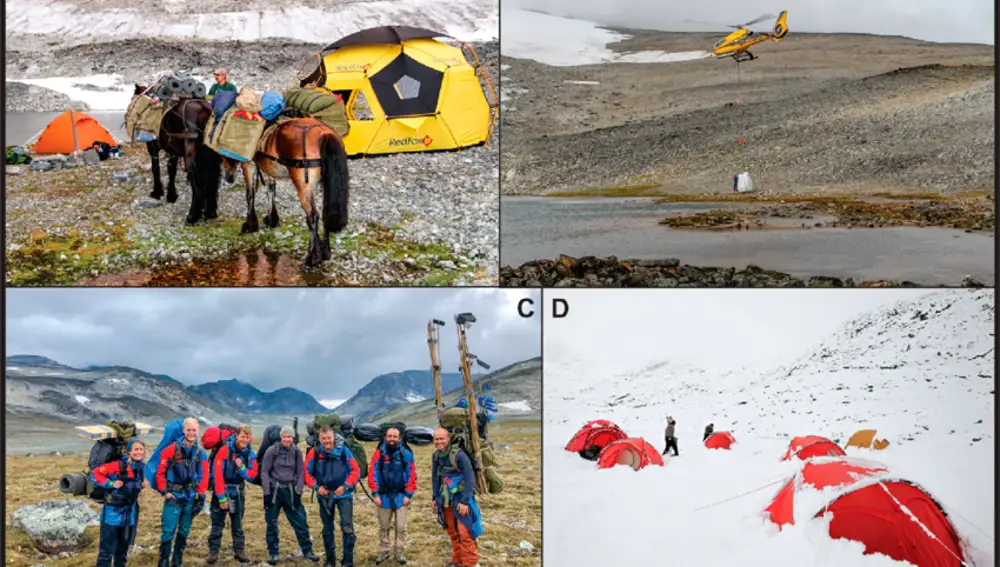A) Caballos de carga transportando equipo y comida en Lendbreen. B) Helicóptero llevando equipo al campamento base. C) Equipo de campo saliendo de Trollsteinhøe con mochilas pesadas y marcadores de hallazgo. D) Campamento base en Storfonne tras una nevada en agosto de 2018. Fotos: Programa de Arqueología de Glaciares.