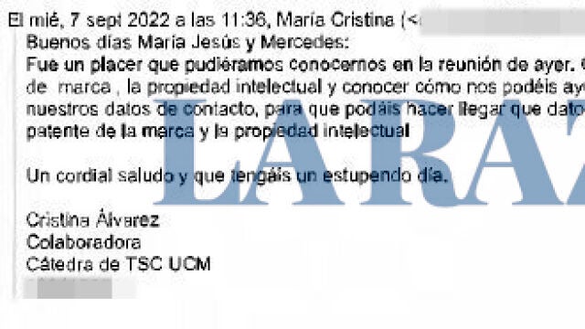 El correo en que la asesora de Moncloa Cristina Álvarez se identifica como "colaboradora" de la cátedra de Begoña Gómez