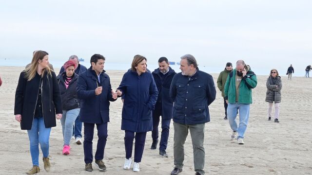 El concejal Mundina, Catalá y Ricardo Martínez (SAV) en la playa de El Saler (Valencia), ya limpia de cañas