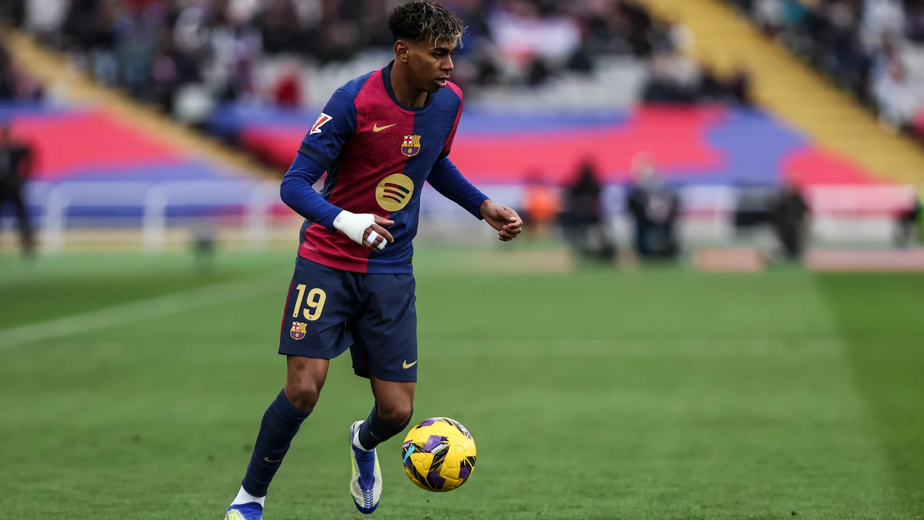 Lamine Yamal of FC Barcelona in action during the Spanish league, La Liga EA Sports, football match played between FC Barcelona and Real Sociedad at Estadi Olimpic Lluis Companys on March 02, 2025 in Barcelona, Spain. AFP7 02/03/2025 ONLY FOR USE IN SPAIN