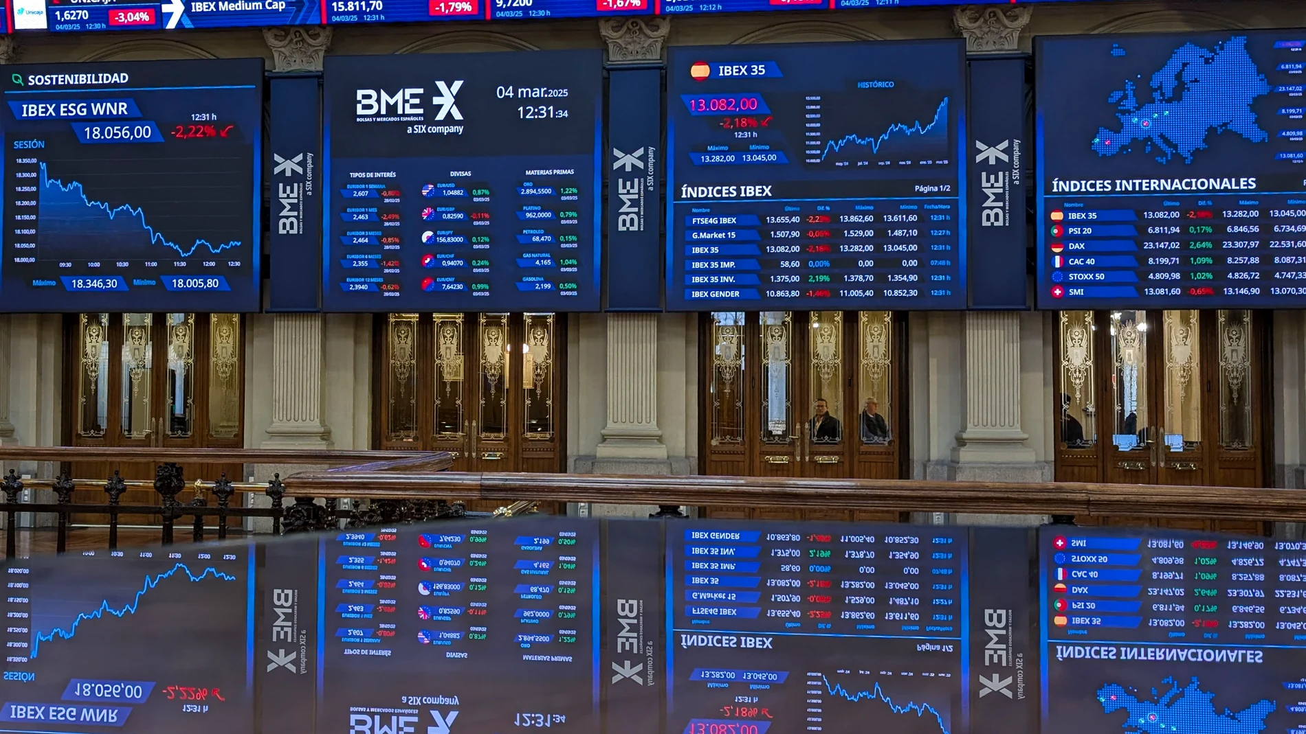MADRID (ESPAÑA), 04/03/2025.- Vista general del parqué madrileño de la Bolsa que ha abierto este martes con una caída del 1,17 % tras la apertura y pone en riesgo los 13.200 puntos, afectada por la guerra comercial iniciada por EEUU tras la imposición de aranceles a México, Canadá y China, y las represalias anunciadas por estos dos últimos países. EFE/ Vega Alonso