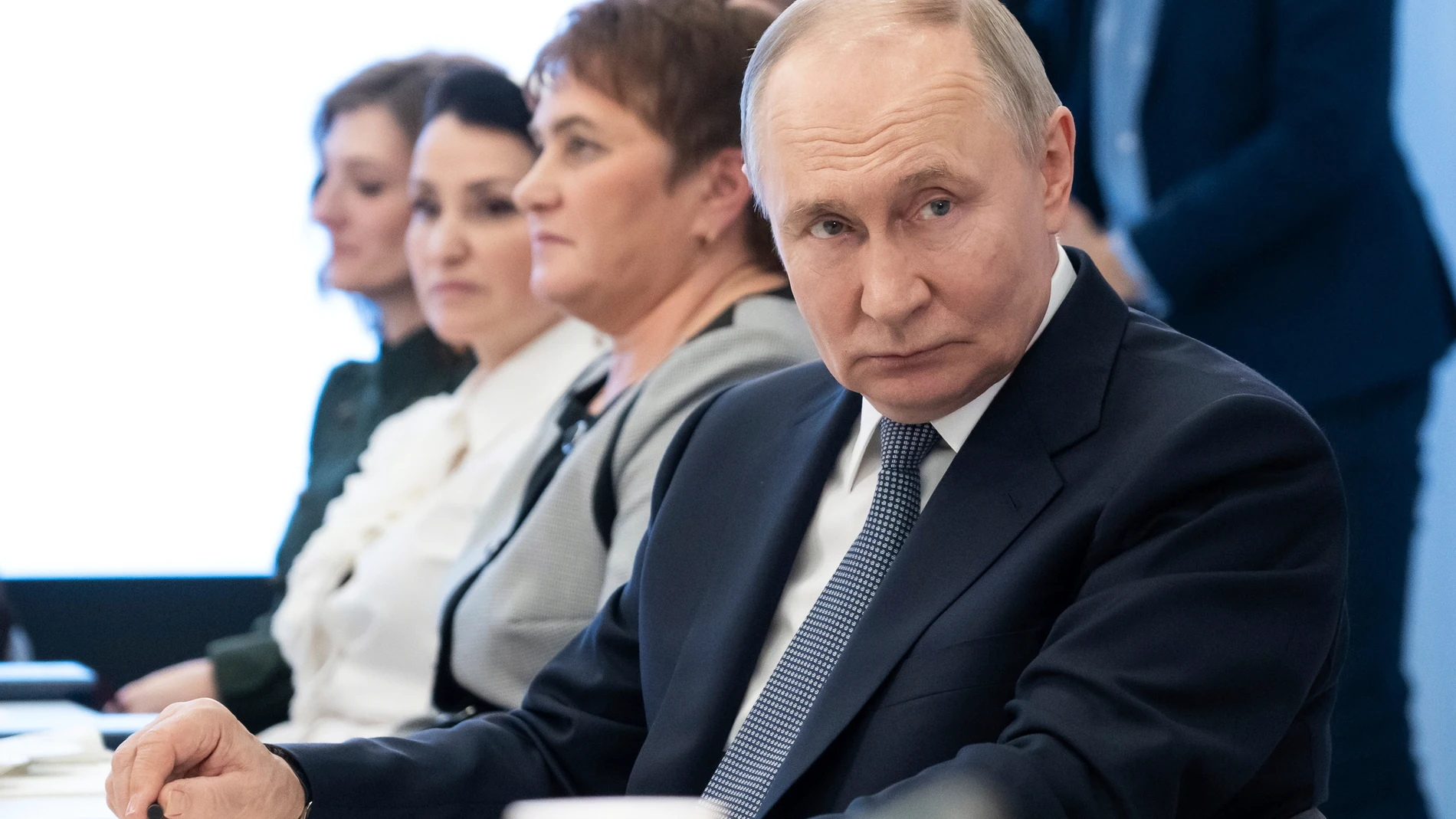 Russian President Vladimir Putin attends a meeting with workers and wards of The Defenders of the Fatherland Foundation in Moscow, Russia, Thursday, March 6, 2025. (Vladimir Novikov, Sputnik, Kremlin Pool Photo via AP)