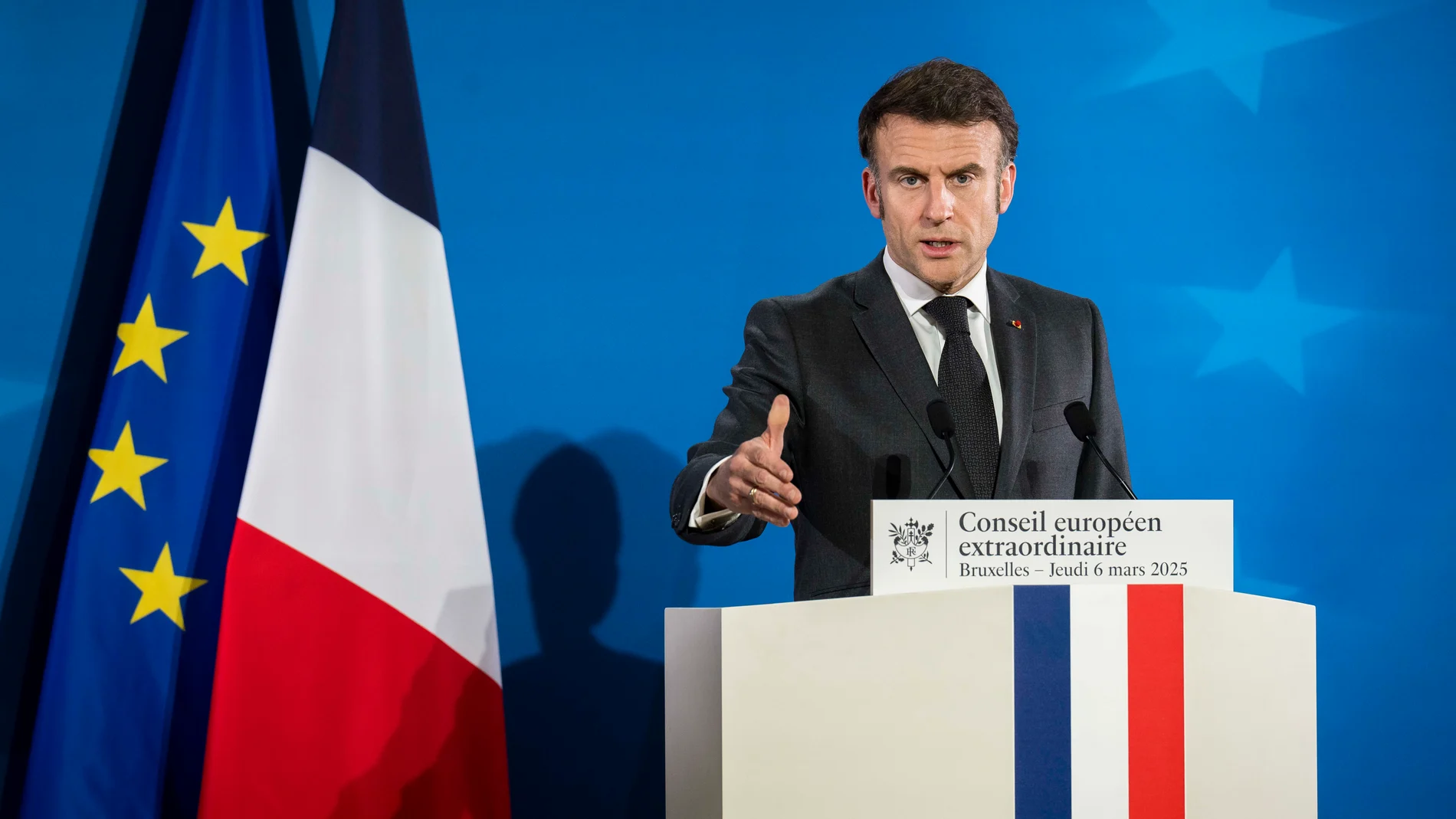 March 7, 2025, Brussels, Bxl, Belgium: Emmanuel Macron, President of France addresses media during a press conference in Brussels on Thursday, March 6, 2025, following the summit where they approve a plan to strengthen Europe's defense, as proposed by European Commission President Ursula von der Leyen. Discussions also focus on Ukraine, with Hungary opposing parts of the final conclusions on military support by Wiktor DabkowskiEuropa Press/Contacto/Wiktor Dabkowski07/03/2025 ONLY FOR USE ...