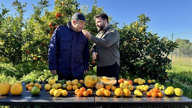 Vicente Todolí y Luis Valls probando cítricos en Palmera