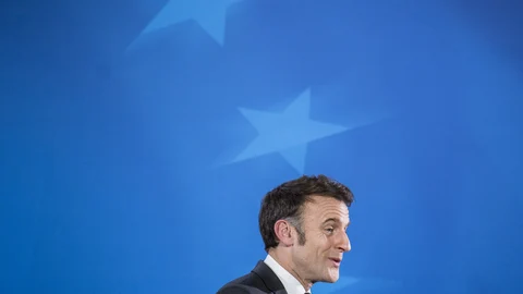 Emmanuel Macron, President of France addresses media during a press conference, following the summit where they approve a plan to strengthen Europe's defense, as proposed by European Commission President Ursula von der Leyen.