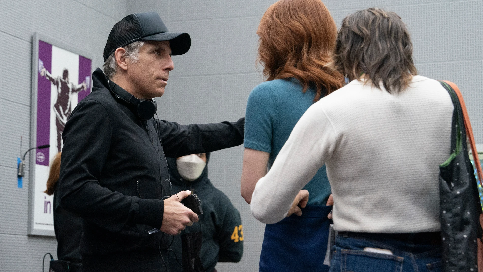 This image released by Apple TV+ shows Ben Stiller, left, and Britt Lower on the set of "Severance." (Apple TV+ via AP)