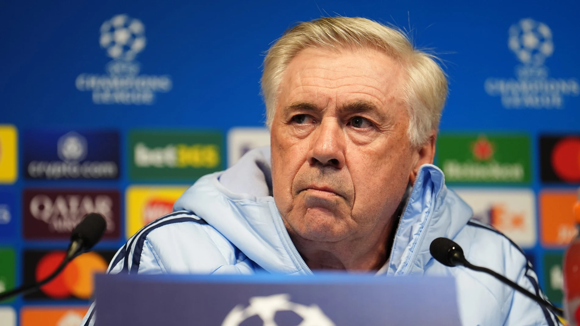 FILED - 10 February 2025, United Kingdom, Manchester: Real Madrid manager Carlo Ancelotti looks on during a press conference ahead of UEFA Champions League soccer match against Manchester City. Photo: Martin Rickett/PA Wire/dpa 10/02/2025 ONLY FOR USE IN SPAIN