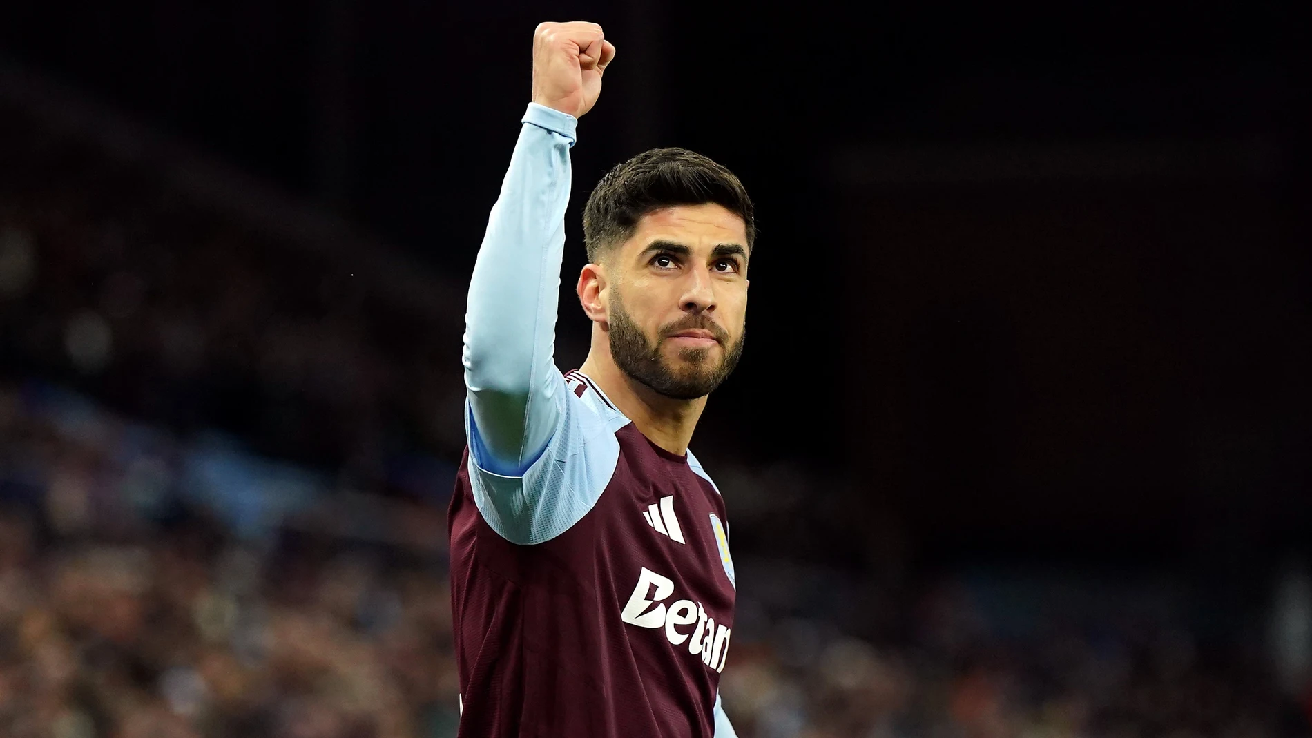 12 March 2025, United Kingdom, Birmingham: Aston Villa's Marco Asensio celebrates scoring his sides first goal during the UEFA Champions League round of sixteen second leg match between Aston Villa and Club Brugge at Villa Park, Birmingham. Photo: Jacob King/PA Wire/dpa 12/03/2025 ONLY FOR USE IN SPAIN