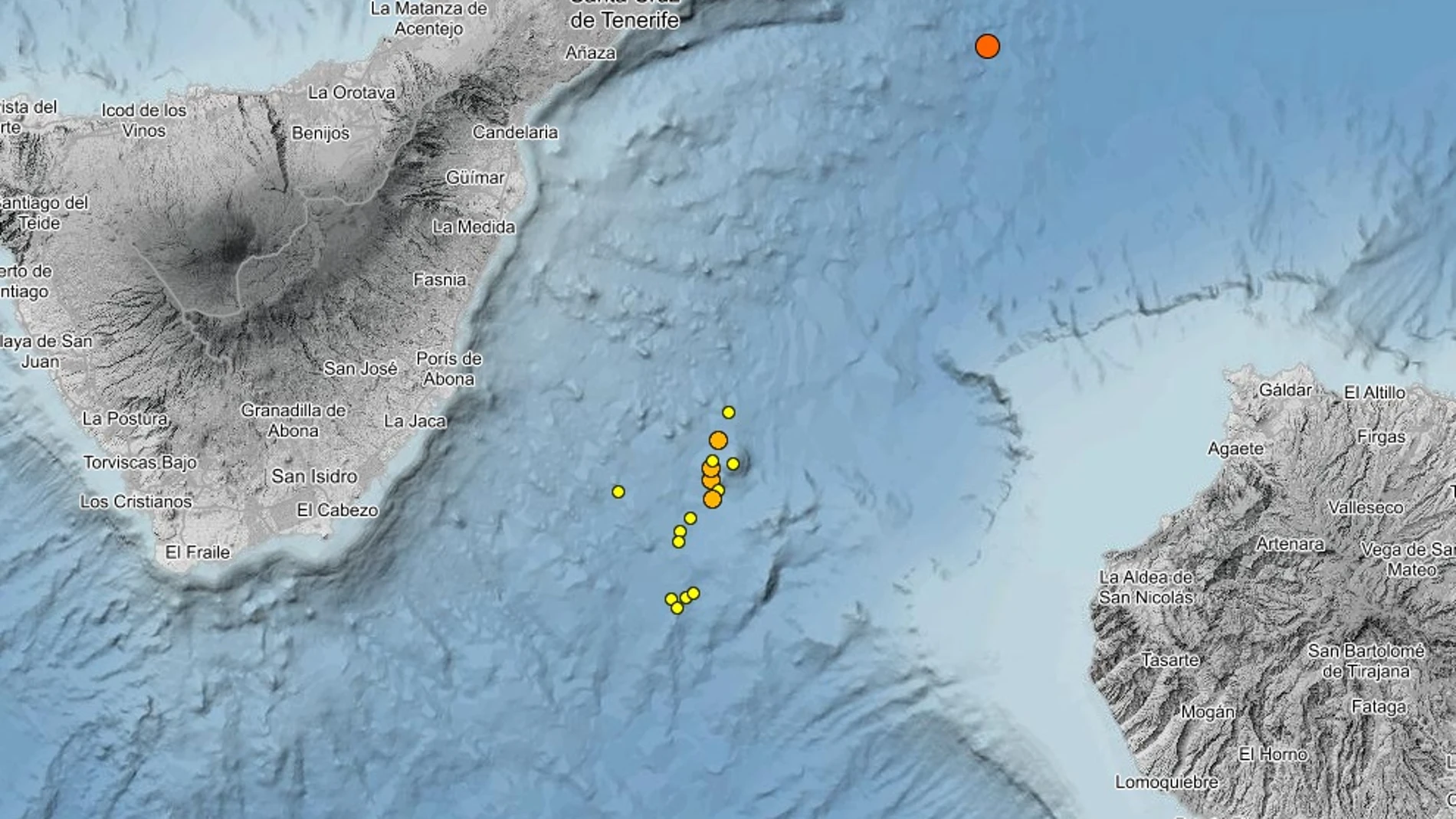 Mapa donde han sido localizados los terremotosa del 'enjambre sísmico' del volcán de EnmedioREMITIDA / HANDOUT por Ignacio CumellasFotografía remitida a medios de comunicación exclusivamente para ilustrar la noticia a la que hace referencia la imagen, y citando la procedencia de la imagen en la firma12/03/2025