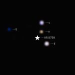La visión más clara en el infrarrojo hasta ahora del sistema planetario HR 8799. Se han aplicado colores a los filtros de la NIRCam (Cámara de Infrarrojo Cercano) de Webb. Un símbolo de estrella marca la ubicación de la estrella anfitriona HR 8799, cuya luz ha sido bloqueada por el coronógrafo. En esta imagen, el color azul se asigna a la luz de 4.1 micrómetros, el verde a la luz de 4.3 micrómetros y el rojo a la luz de 4.6 micrómetros.