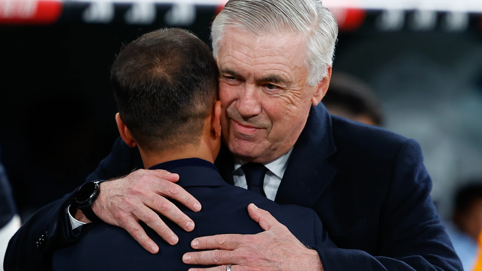 Carlo Ancelotti, head coach of Real Madrid, saludates to Borja Jimenez, head coach of CD Leganes during the Spanish League, LaLiga EA Sports, football match played between Real Madrid and CD Leganes at Santiago Bernabeu stadium on March 29, 2025, in Madrid, Spain.AFP7 29/03/2025 ONLY FOR USE IN SPAIN