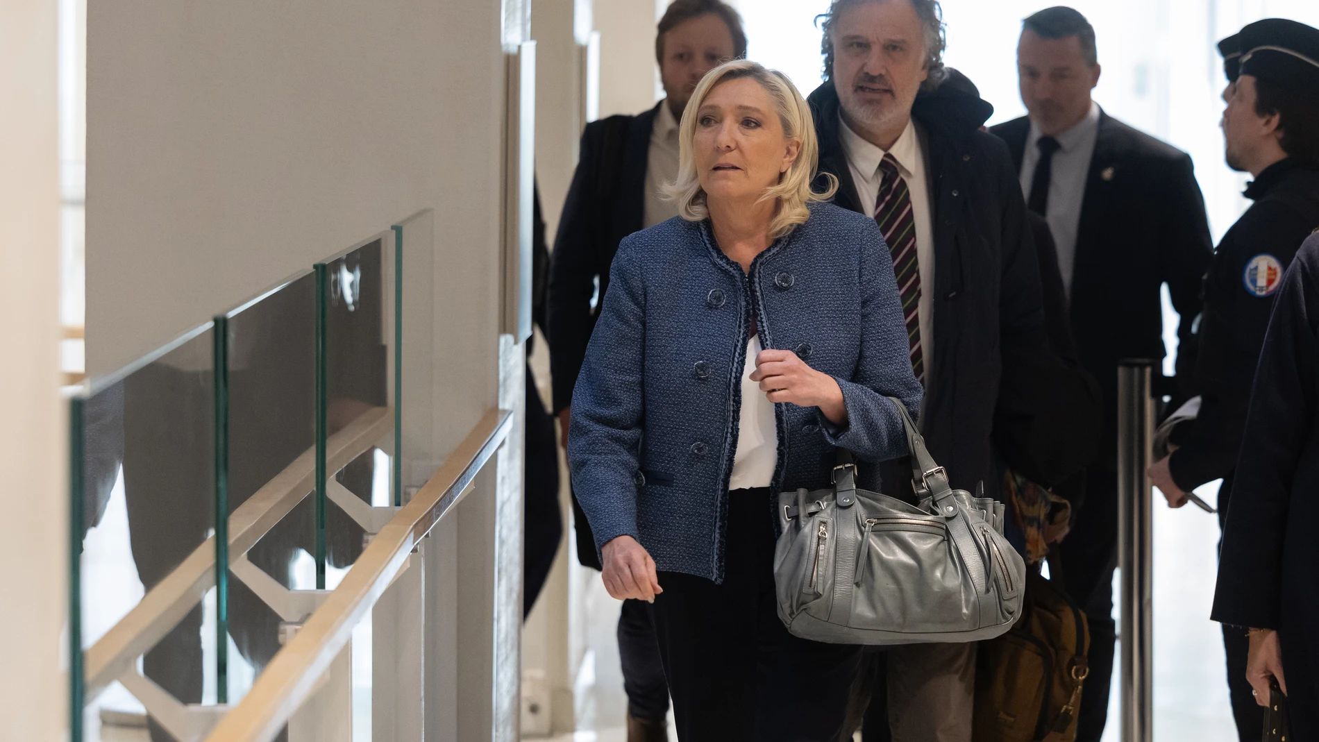 March 31, 2025, Paris, France, France: President of the parliamentary group of the French far right Rassemblement National (RN) party, Marine Le Pen arrives at the Paris courthouse for her trial verdict on suspicion of embezzlement of European public funds. A French court will rule in the trial of far right leader Marine Le Pen over an alleged fake jobs scam at the EU parliament, a verdict which could ruin her chances of standing in the next presidential elections in two years. Europa Press/...