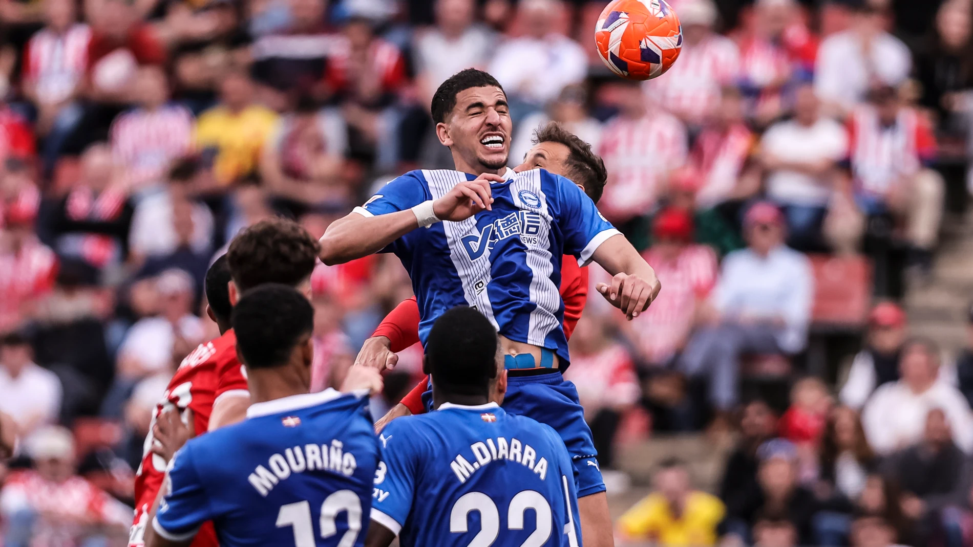 Abdelkabir Abqar of Deportivo Alaves in action during the Spanish league, La Liga EA Sports, football match played between Girona FC and Deportivo Alaves at Estadio de Montilivi on April 05, 2025 in Girona, Spain. AFP7 05/04/2025 ONLY FOR USE IN SPAIN