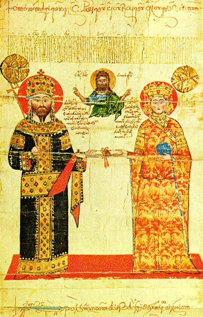 Alejo III de Trebisonda y su esposa recibiendo una crisóbula bajo la imagen de Cristo (segunda mitad del siglo XIV).