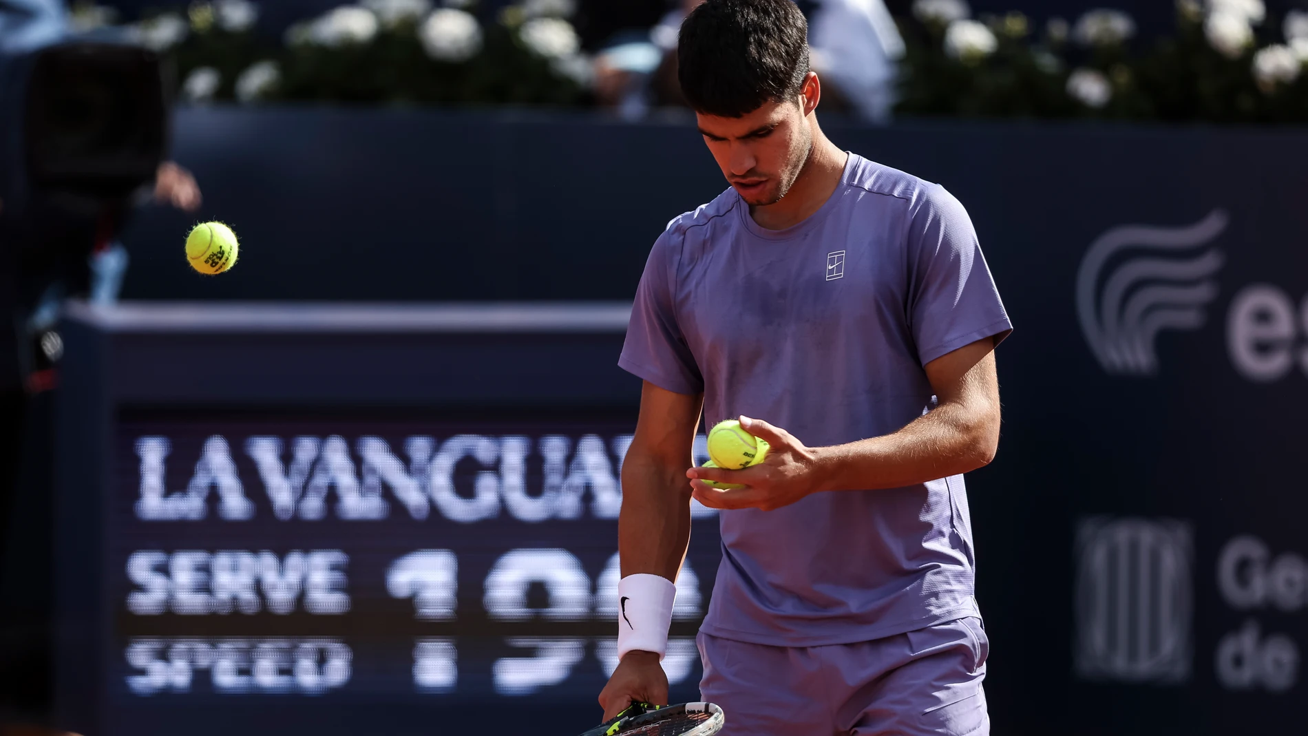 Carlos Alcaraz of Spain in actions against Laslo Djere of Serbia during the round of 16 tennis match of the Barcelona Open Banc Sabadell - Conde Godo 2025 Day 4 at Real Club De Tenis Barcelona on April 17, 2025 in Barcelona, Spain. AFP7 17/04/2025 ONLY FOR USE IN SPAIN