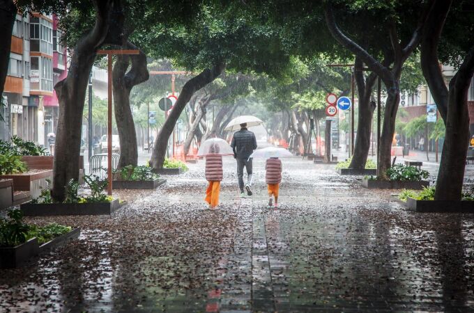 Imagen de un hombre y dos niños andando con sus paraguas bajo la lluvia. 