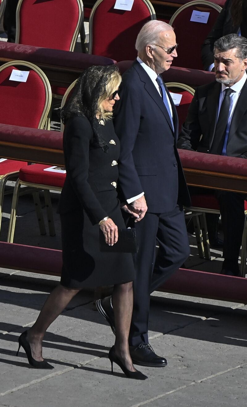 US former President Joe Biden and his wife Jill arrive for the funeral Mass of Pope Francis in St. Peter's Square, on the parvis of Saint Peter's Basilica, in Vatican City, 26 April 2025.
