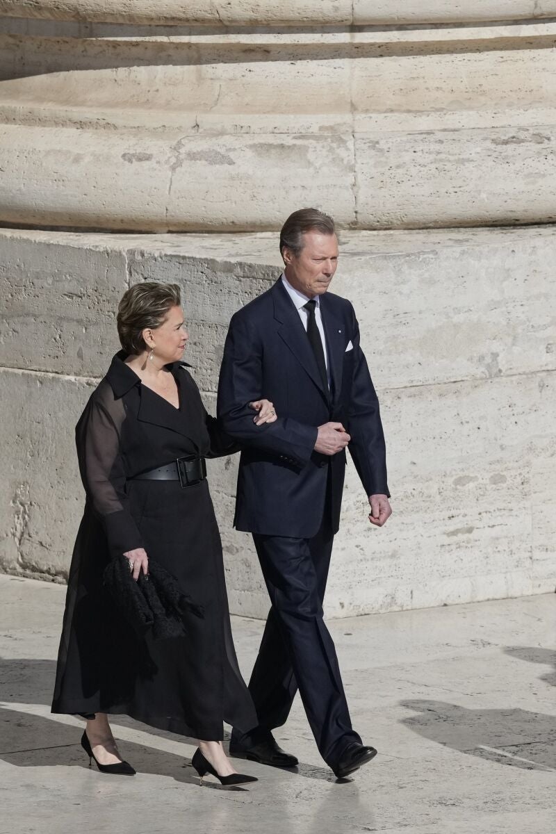 Luxembourg's Grand Duke Henri and Grand Duchess Maria Teresa arrive for the funeral of Pope Francis in St. Peter's Square at the Vatican, Saturday, April 26, 2025.