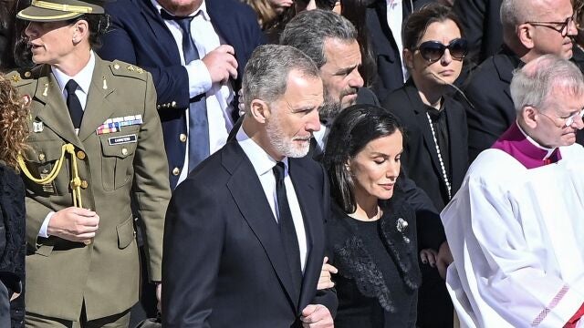 Spain's King Philip VI and Queen Letizia attend the funeral Mass of Pope Francis in Saint Peter's Square in Vatican City, 26 April 2025.