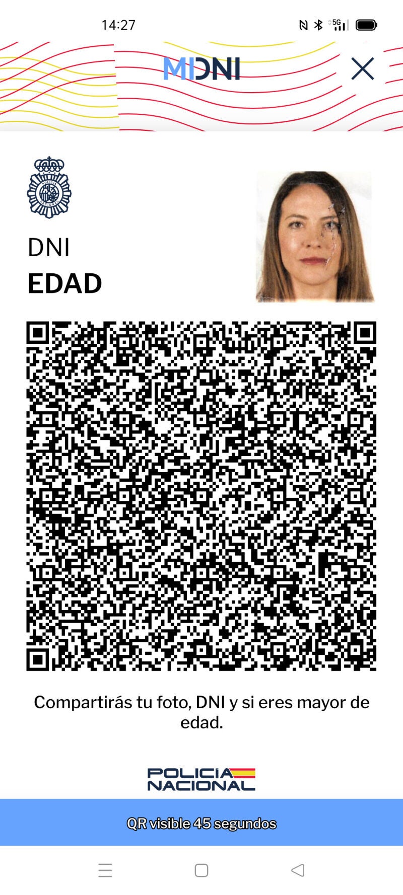 Ejemplo de código QR generado por la app MiDNI