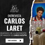 Cartel promocional de la entrevista a Carlos Laret, delegado de la Asociación de Amigos de Carlo Acutis