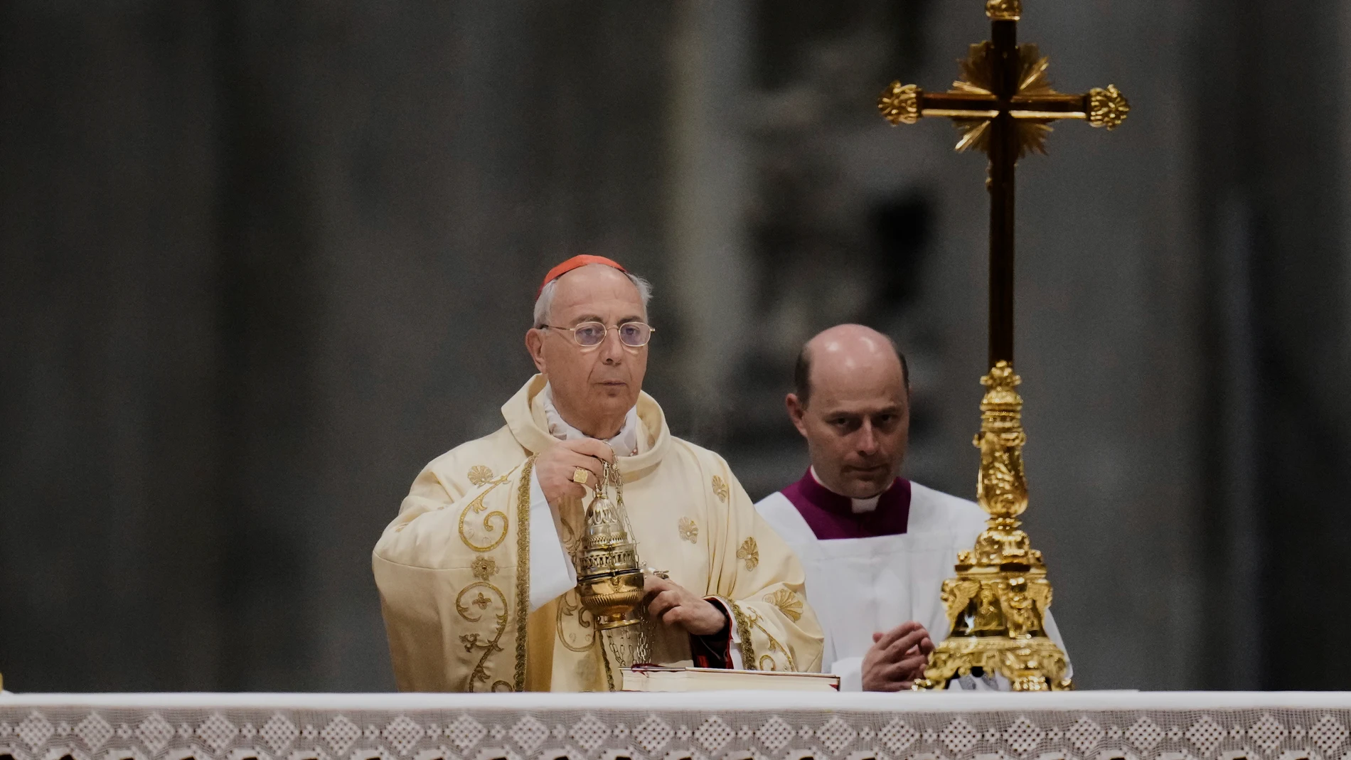 Cardinal Protodeacon Dominique Mamberti celebrates a mass on the last of nine days of mourning for late Pope Francis, in St. Peter's Basilica at the Vatican, Sunday, May 4, 2025. (AP Photo/Gregorio Borgia)