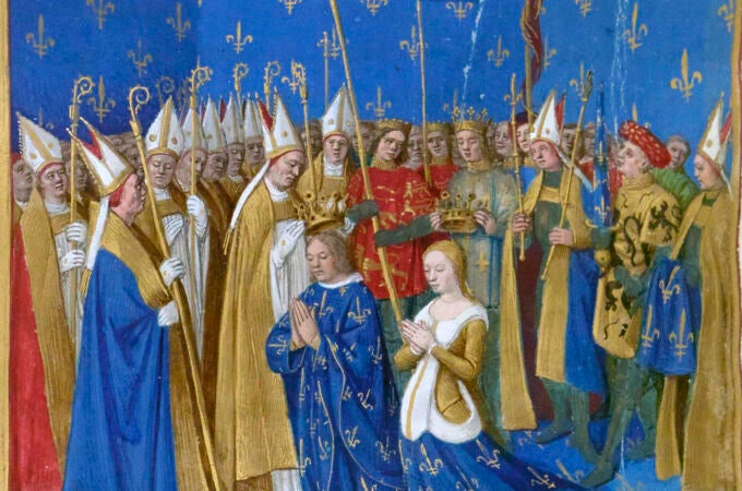 Miniatura que representa la coronación de Luis VIII y Blanca de Castilla