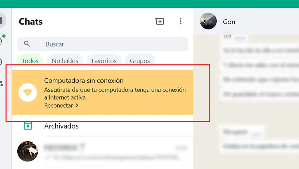 Mensaje de "Computadora sin conexión"