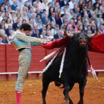 Roca Rey, en el comienzo de faena al tercero en Sevilla