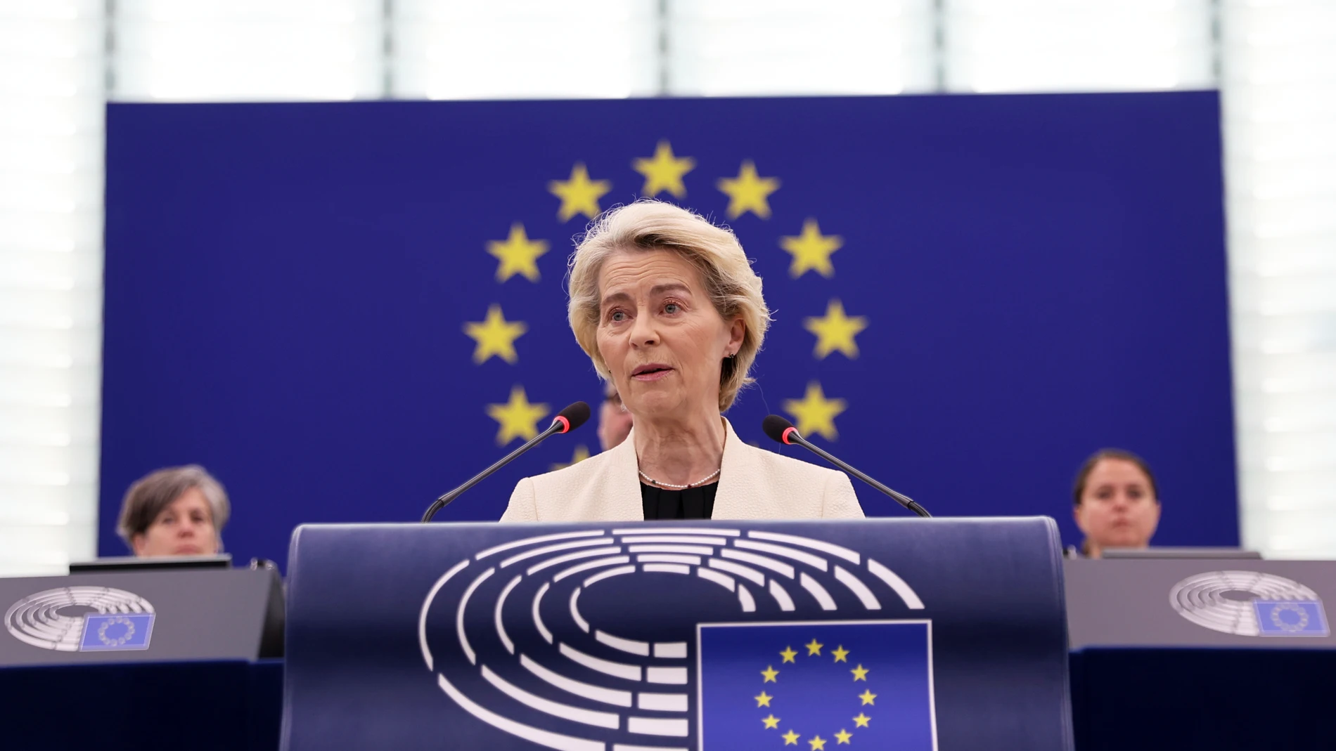 European Commission President Ursula Von der Leyen delivers her speech on EU support for peace in Ukraine, Wednesday, May 7, 2025 at the European Parliament in Strasbourg, eastern France. (AP Photo/Antonin Utz)