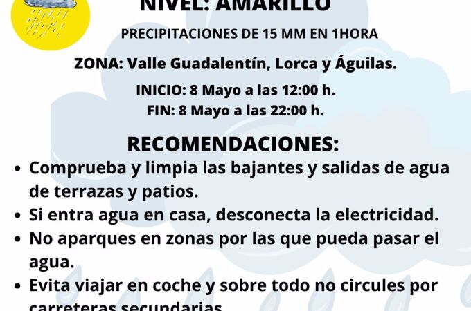 MURCIA.-El Ayuntamiento de Lorca pide a los vecinos seguir las informaciones oficiales ante el aviso amarillo por lluvia
