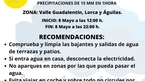 MURCIA.-El Ayuntamiento de Lorca pide a los vecinos seguir las informaciones oficiales ante el aviso amarillo por lluvia