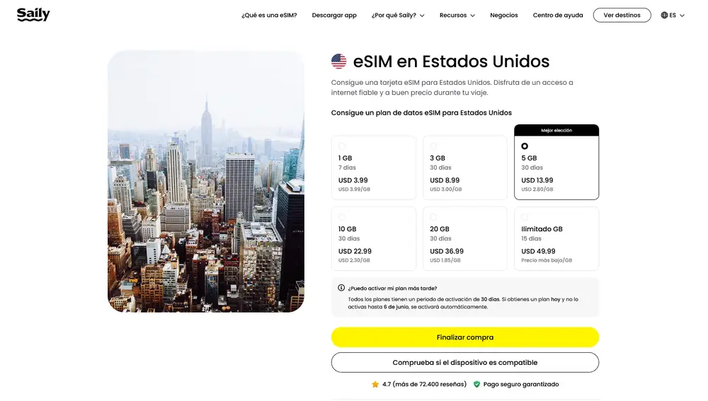 Saily tiene las mejores eSIM para Estados Unidos
