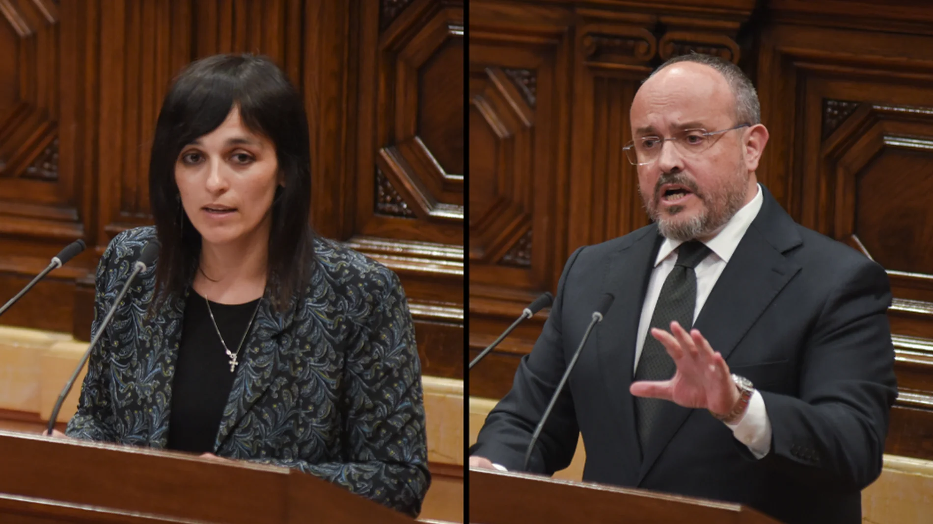 A la izquierda, la líder de Aliança Catalana, Sílvia Orriols. A la derecha, el presidente del PP en Cataluña, Alejandro Fernández