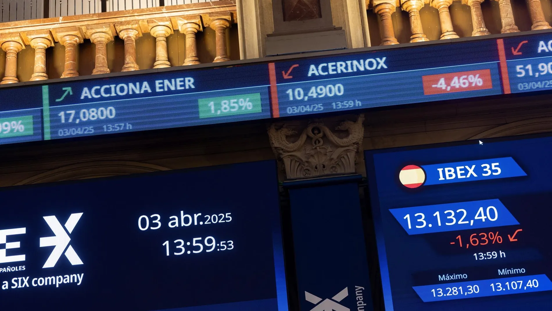 Economía/Bolsa.- El Ibex 35 cae un 0,70% a media sesión, hasta los 13.400 puntos, a la espera de la Fed