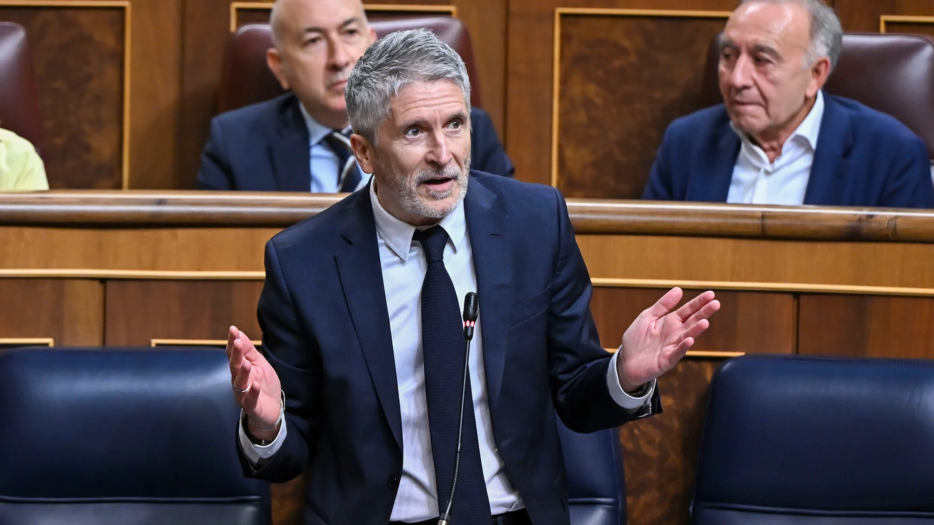 MADRID, 07/05/2025.- El ministro del Interior, Fernando Grande-Marlaska, interviene en el pleno celebrado este miércoles en el Congreso, en el que el presidente del Gobierno, Pedro Sánchez, ha informado del plan de defensa y del apagón masivo del 28 de abril. EFE/ Fernando Villar