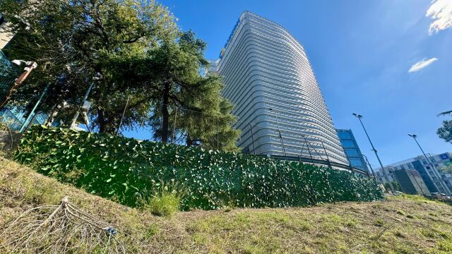 ¡Instalación de jardín vertical realizado con neumáticos fuera de uso junto a la sede de Ilunion en Madrid 