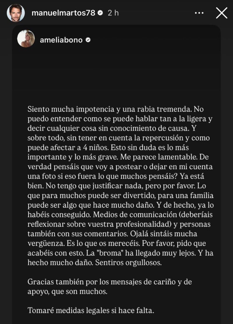 Comunicado de Amelia Bono compartido por Manuel Martos