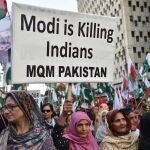 People in Karachi protest against India