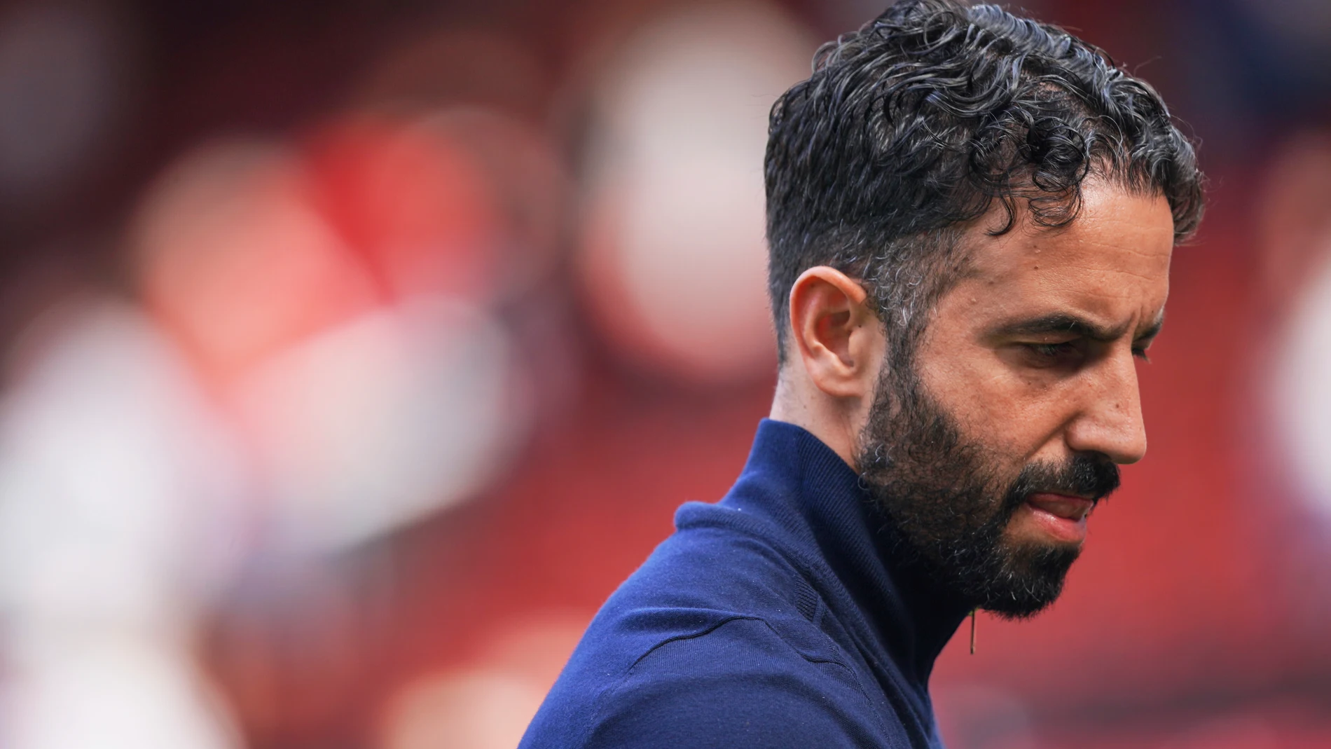 Manchester United's head coach Ruben Amorim walks on the pitch at the end of the English Premier League soccer match between Manchester United and West Ham at Old Trafford stadium in Manchester, England, Sunday, May 11, 2025. (AP Photo/Ian Hodgson)