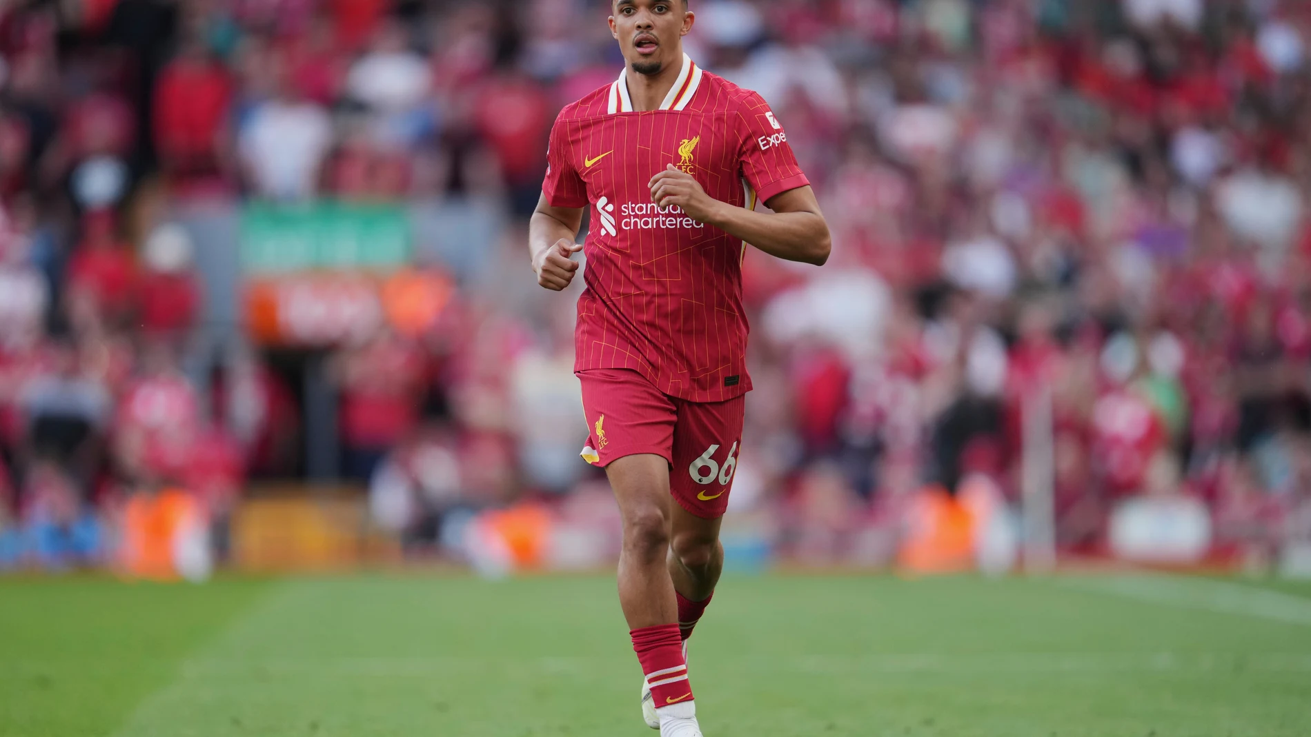 Liverpool's Trent Alexander-Arnold runs during the English Premier League soccer match between Liverpool and Arsenal, at Anfield stadium in Liverpool, England, Sunday, May 11, 2025. (AP Photo/Jon Super)