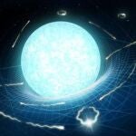 Impresión artística de una estrella de neutrones que se está "evaporando" lentamente a través de una radiación similar a la de Hawking