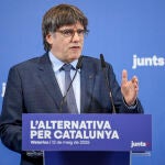 El expresidente catalán Carles Puigdemont en una intervención pública en Waterloo