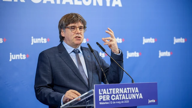El expresidente catalán Carles Puigdemont en una intervención pública en Waterloo