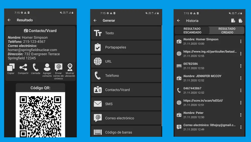 Así se ve la interfaz de 'Lector de códigos QR PRO' en su modo oscuro