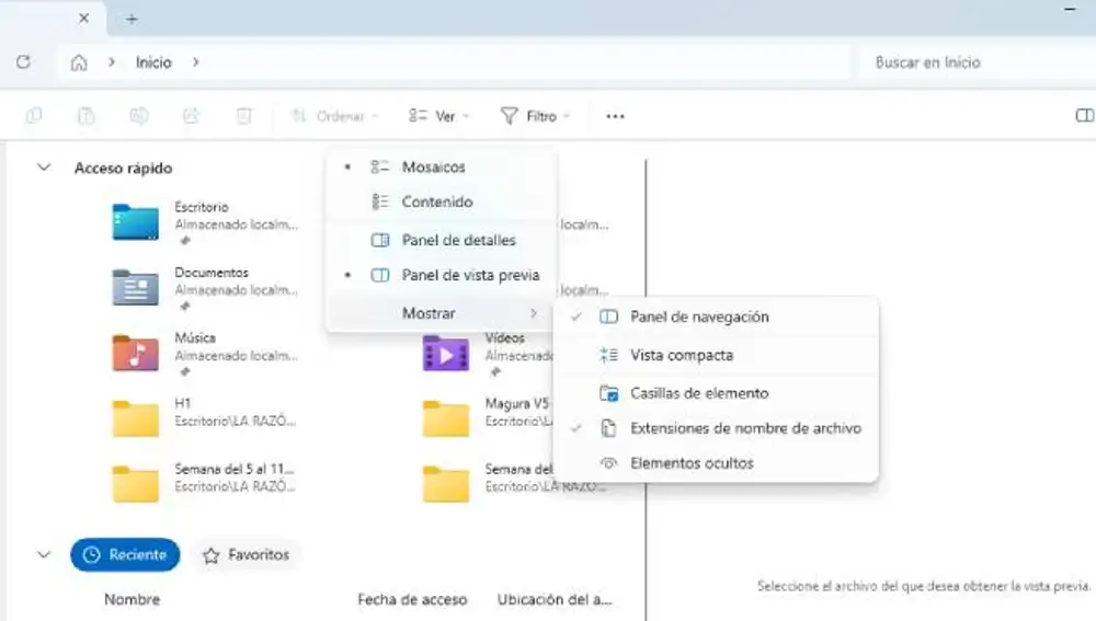 Menú para activar la visualización de la extensiones de archivos en Windows 11.